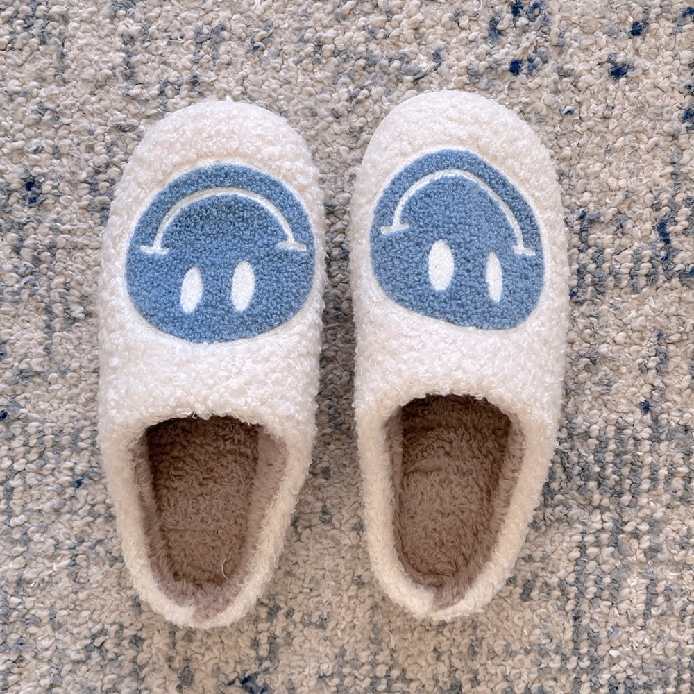 blue smiley slippers